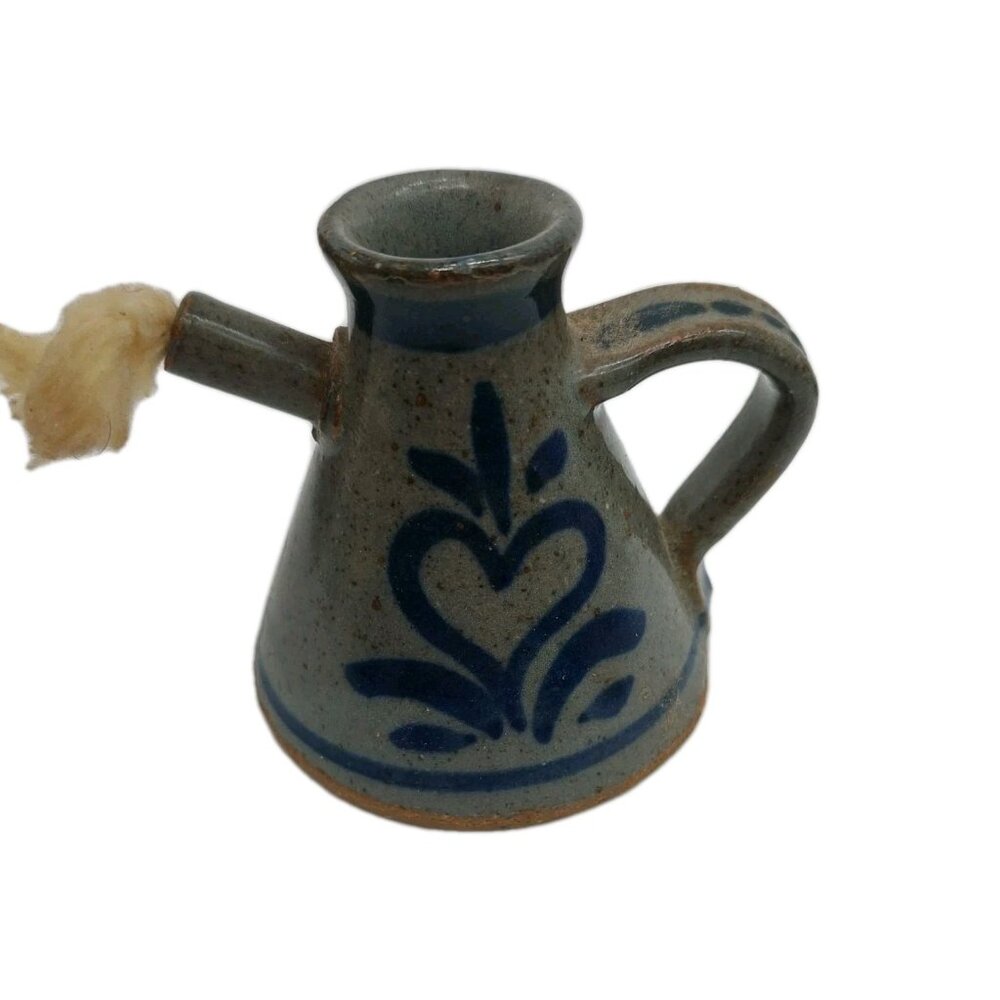 Bastine Pottery Small Oil Pitcher Grey Blue Heart 3” Tall Signed 1984